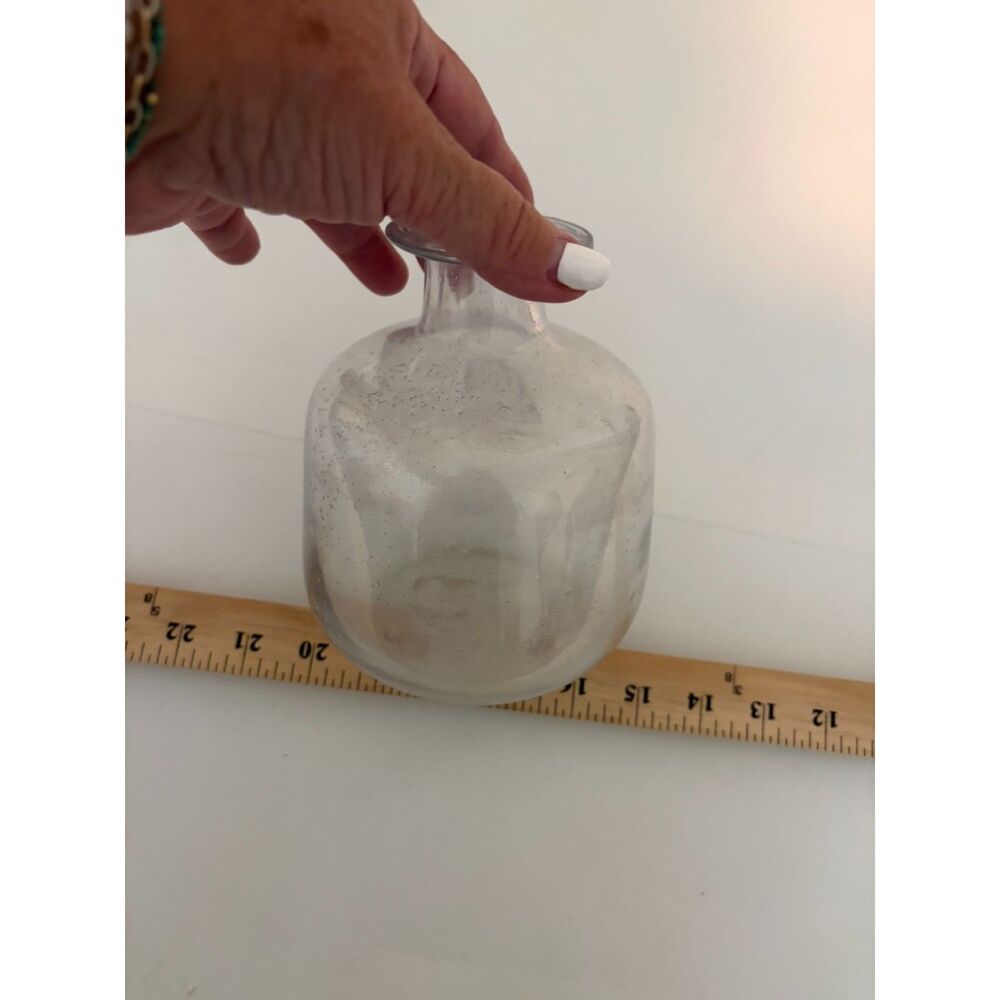 Hand blown clear blue bubble glass vase with applied medallion